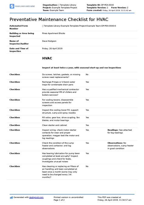 Free Preventative Maintenance Checklist For Hvac