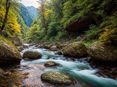 Un Río Fluye A Través De Un Bosque Con Un Bosque Verde Al Fondo Foto
