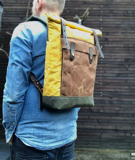 Yellow Waxed Canvas Leather Backpack Medium Size Commuter Backpack