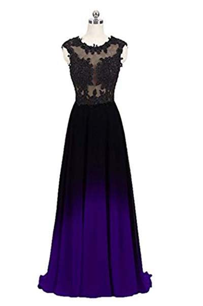 Black And Purple Sleeveless Ombre Prom Dresses A Line Lace Appliques