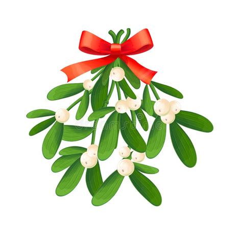 Branch Of Mistletoe With Berries And Red Bow A Bouquet Of Christmas