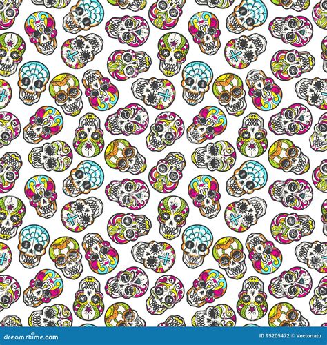 Colorful Mexican Sugar Skull Seamless Pattern Stock Vector