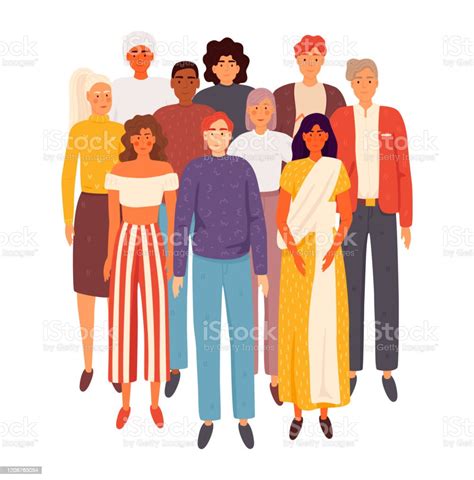 Multiethnic Group Of People Standing Together Flat Cartoon Vector