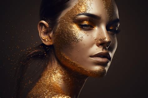 Premium Ai Image Beautiful Woman Face With Gold Artistic Glitters Makeup