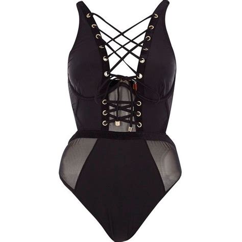 River Island Black Corset Mesh Insert Swimsuit 90 Liked On Polyvore