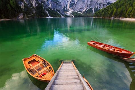 Boats On The Braies Lake Pragser Wildsee In Dolomites Mounta Stock