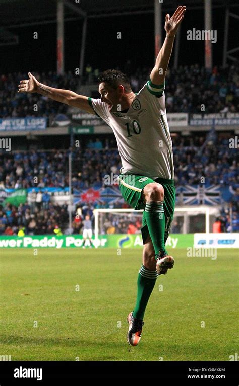 Republic Of Irelands Robbie Keane Celebrates After Scoring His Teams