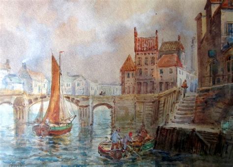 Whitby Harbour, watercolour and gouache on paper, signed E. Nevil, c1880.