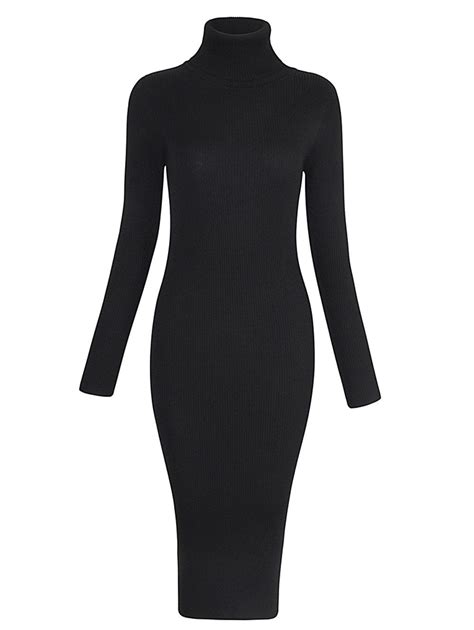 Off Elastic Turtleneck Long Sleeve Bodycon Slim Midi Knitted Dress In Black Dresslily