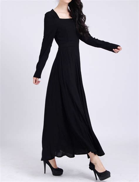 Black Full Dress Long Sleeve Linen Dress Cotton Linen Maxi Dress With