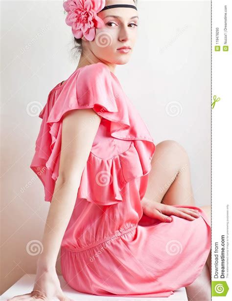 Beautiful Young Lady With Pink Flower In Her Hair Stock Image Image
