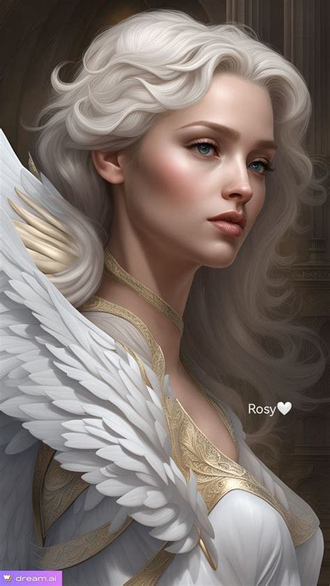 A Digital Painting Of An Angel With White Hair And Gold Trim On Her