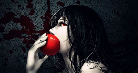 Original Anime Red Apple Red Eyes Long Black Hair Girl