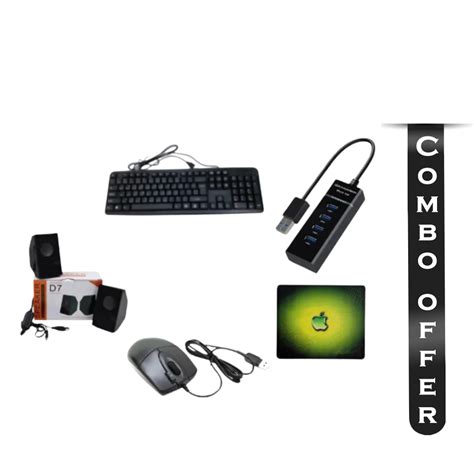 Combo Pack Of Keyboard Mouse Mousepad Usb Dual Speaker And Usb Hub Black