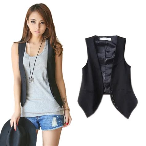2015 New Fashion Womens Slim Black Waist Coat School Girl Sleeveless Covered Button Vest Ladies