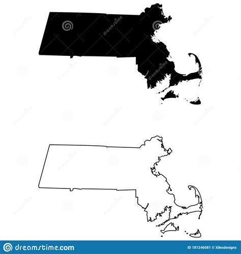 Massachusetts Ma State Maps Black Silhouette And Outline Isolated On A