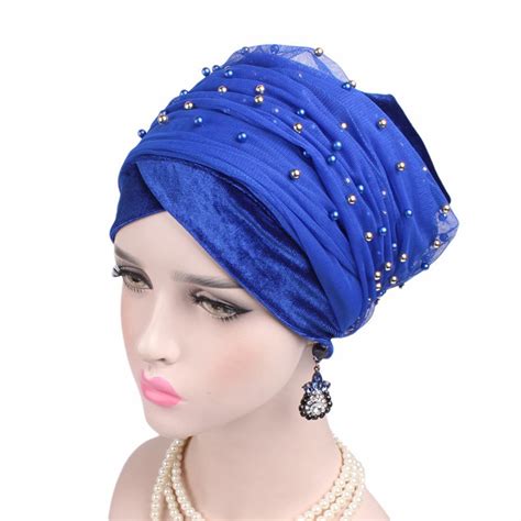 Women Luxury Beaded Pearled Velvet Long Head Wrap Muslim Turban Hair