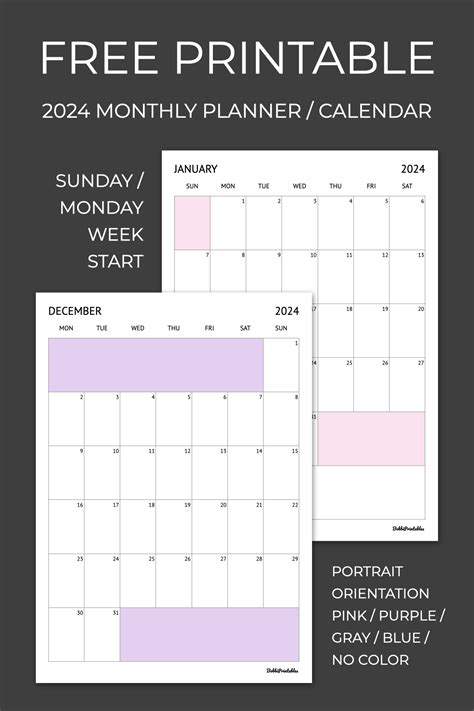 Free Printable 2024 Monthly Planner Calendar Portrait Orientation