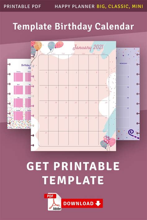 The Printable Birthday Calendar Is Displayed On A Pink Background
