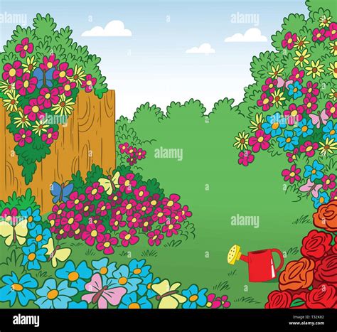 The Illustration Shows The Cartoon Garden With Lots Of Different