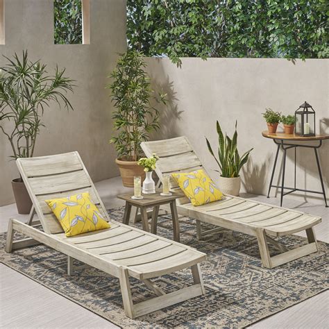 Allaire Outdoor Acacia Wood Chaise 3 Piece Lounge Set Light Gray Wash