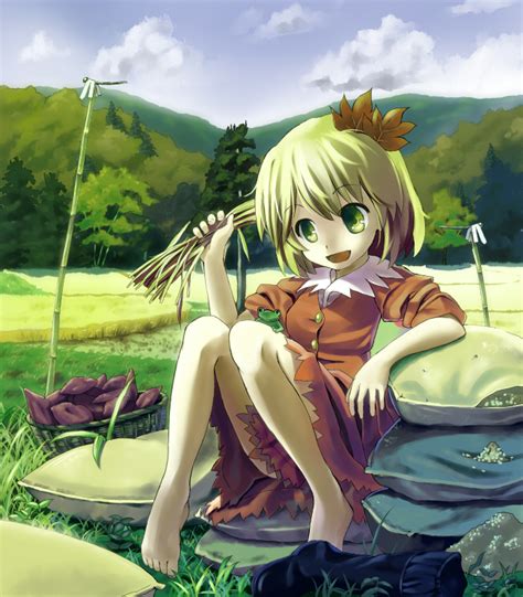 Safebooru Bad Id Barefoot Blonde Hair Feet Frog Hidebo Leaf Leaves Potato Short Hair Touhou