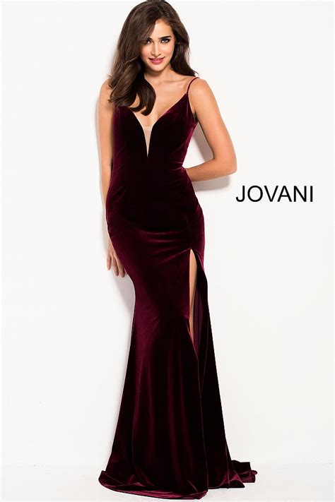 Low key crushin velvet dress. Jovani 57898 Burgundy long fitted V neckline high slit ...
