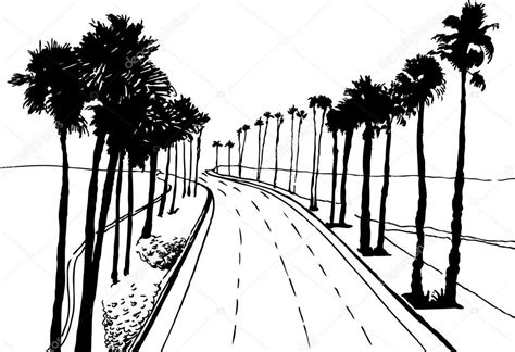 Hand Drawn Image Of Costal Highway With Palm Trees — Vector By