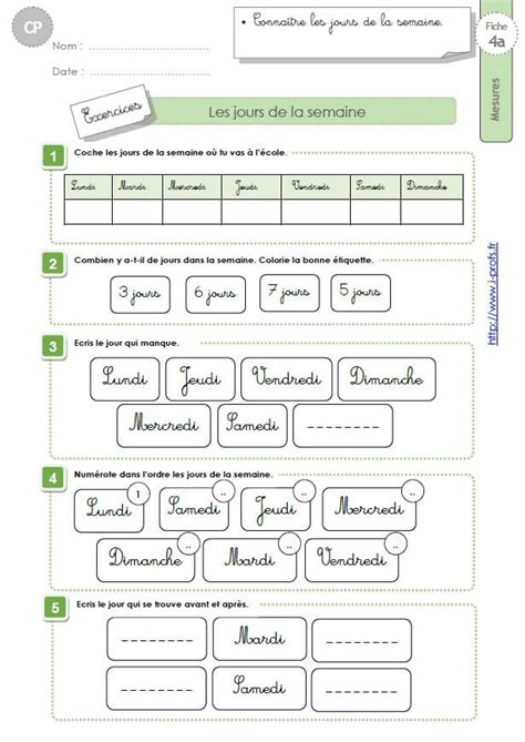 Cpexercices Les Jours De La Semaine En Geometrie Mesures Et Grandeurs