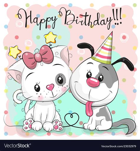 Greeting Birthday Card With Cute Cat And Dog Vector Image