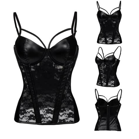women black floral lace sexy underbust corset with cup 2018 faux leather patchwork steampunk