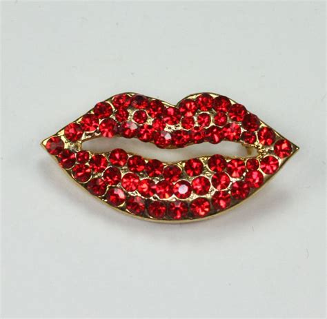 red rhinestone lips hot lips brooch pin gold tone metal rhinestone lips red rhinestone gold