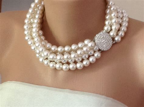 Pearl Necklace Strands Bridal Pearl Necklace Rhinestone Brooch Bridesmaids Gift By