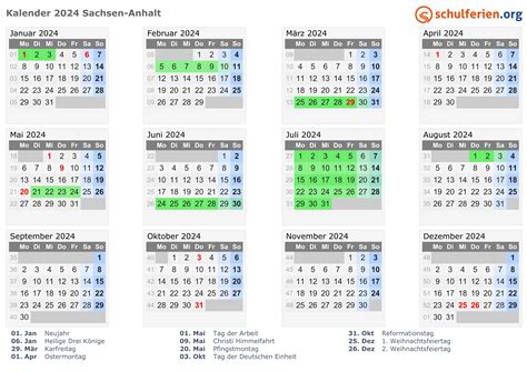 Kalender 2024 Ferien Sachsen Anhalt Feiertage