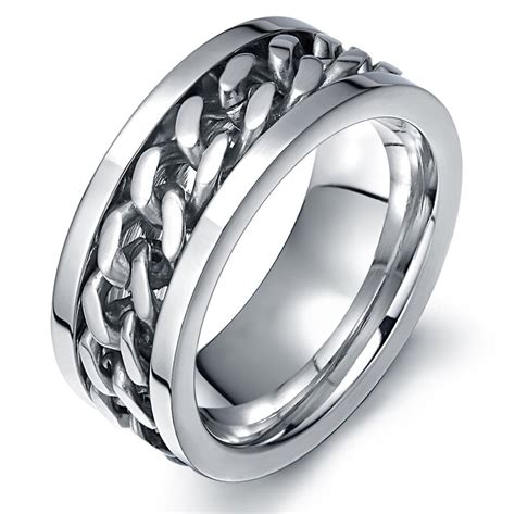 Mens Anxiety Calming Spinner Ring Stainless Steel Curb Chain Wedding