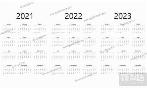 Vector Illustration Flat Design 2021 2022 2023 Calendar Week Sunday