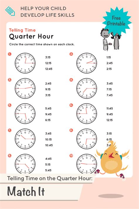 Telling Time On The Quarter Hour: Match It Worksheets | 99Worksheets