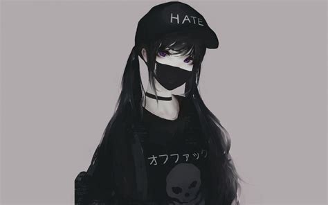 Wallpaper Twintails Monochrome Black Hair Purple Eyes Face Mask