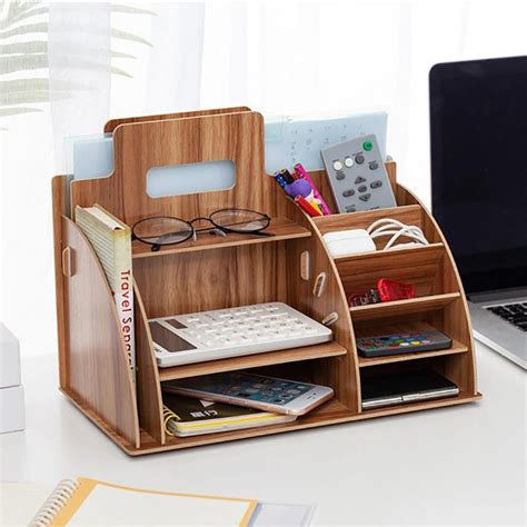 Wooden Desktop Organizer Office Supplies Storage Rack Wooden Desk