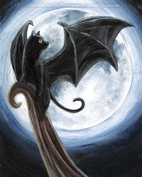Black Cat Art 5x7 Print Minor Defect Bat Wings Full Moon Wall