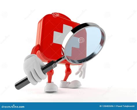 First Aid Kit Character Looking Through Magnifying Glass Stock Illustration Illustration Of