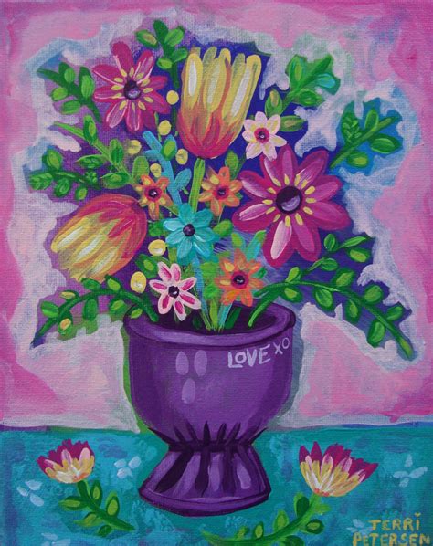 Original Folk Art Flowers In Vase Still Life Painting Etsy Flower