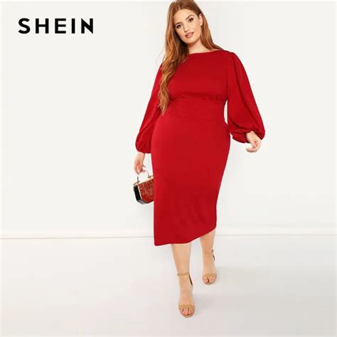 shein red plus size lantern long sleeve high waist elegant bodycon pencil dresses women slim fit