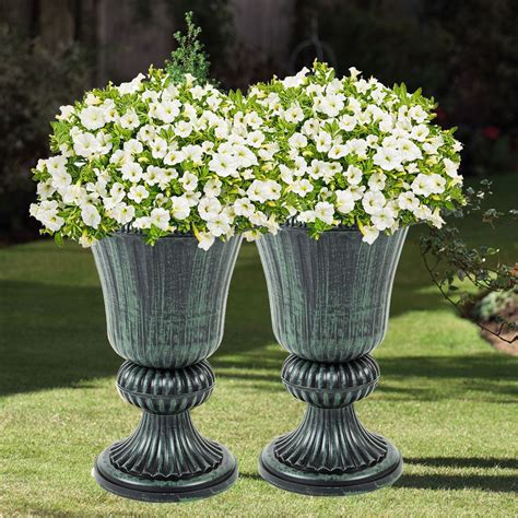 Set Of 2 Green Garden Urn Patio Planters Outdoor And Indoor