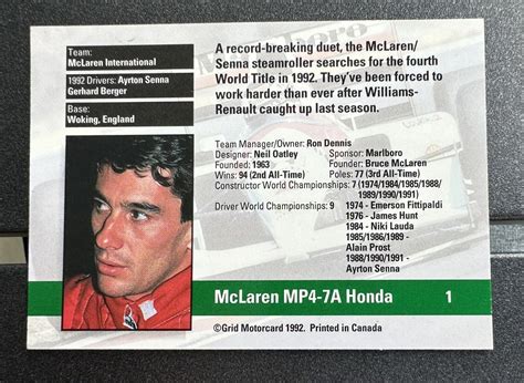 1992 Grid Formula 1 Card — Ayrton Senna — F1 Mclaren Mp4 7a 1 Signed