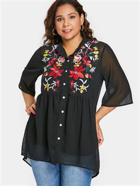Wipalo Plus Size Buttons Floral Embroidery Women Blouse Stand Collar