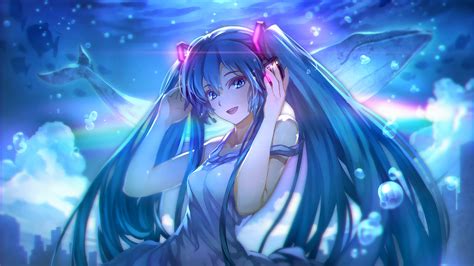 Blue Hair Blue Eyes Smiling Anime Anime Girls Hatsune Miku Underwater Vocaloid