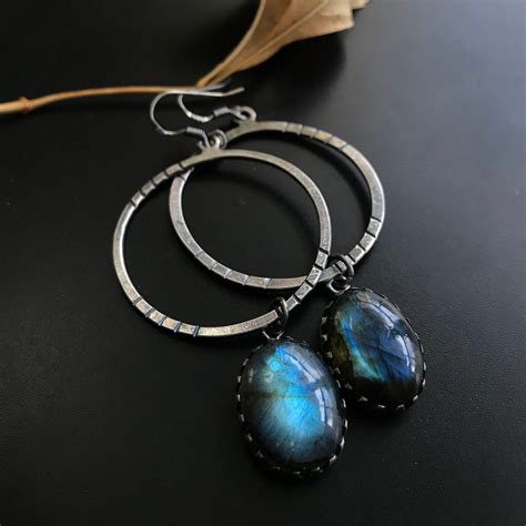 Labradorite Hoops Oxidized Sterling Silver Statements Blue Moons