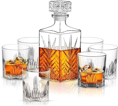 Paksh Novelty Whiskey Decanter Set 7 Piece Italian Crafted Glass Decanter