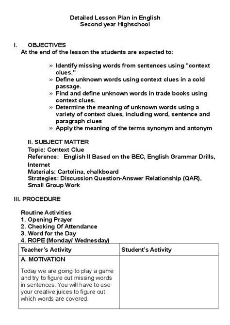 Doc Detailed Lesson Plan In English Second Year Highschool Jolly